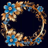 gold wreath decoration frame, organic material, flower and nature motifs, gold and blue photo
