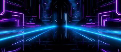 stunning sci-fi abstract design features a combination of blue and purple neon lights against a black background, with reflective concrete adding a touch of depth and texture photo