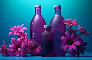 cosmético conjunto de azul botellas con púrpura Violeta y orquídeas generativo ai foto