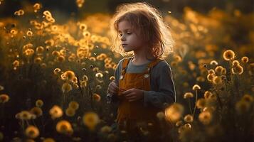 Kids play. Child in dandelion field. Summer flower. Incredible Adventures photo