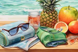 bags, glasses, and sunglasses at the beach photo