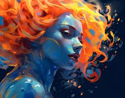 art of a lady with colorful liquid paint on her face, distorted and fractured, light black and navy photo