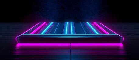 striking design features a unique combination of blue and purple neon lights against a black background, with reflective concrete adding a touch of texture and depth photo