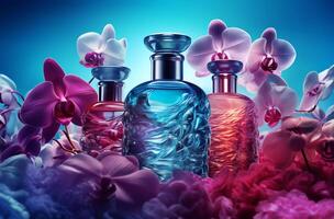 cosmetic set of blue bottles with purple violet and orchids photo