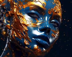 art of a lady with colorful liquid paint on her face, distorted and fractured, light black and navy photo