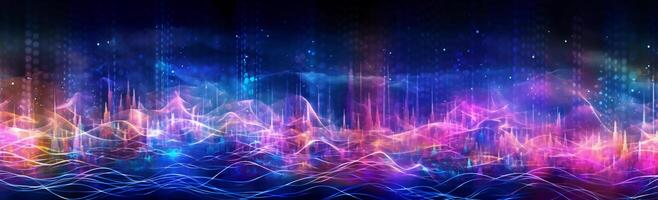 sound wave abstract city art, neon-lit urban, bokeh panorama, dark sky-blue and light magenta photo