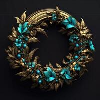 3d golden wreath decoration frame with blue and green flowers photo