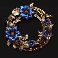 3d golden wreath decoration frame with blue and green flowers photo