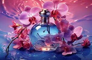 cosmetic set of blue bottles with purple violet and orchids photo