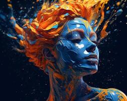 art of a lady with colorful liquid paint on her face, distorted and fractured, light black and navy photo