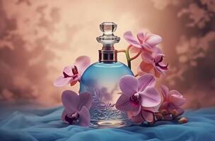 cosmetic set of blue bottles with purple violet and orchids photo