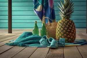 basket, sandals, towel, bottle with pineapple in it on the beach photo