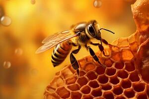 un abeja es sentado en parte superior de un panal, en el estilo de luminoso oscuridad, infrarrojo, suave enfocar, wimmelbilder, Respetuoso del medio ambiente artesanía, borde luz, hinchel ai generado foto