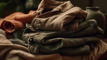 sustainable clothing items, including eco-friendly jeans and tops photo