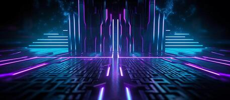 stunning sci-fi abstract design features a combination of blue and purple neon lights against a black background, with reflective concrete adding a touch of depth and texture photo