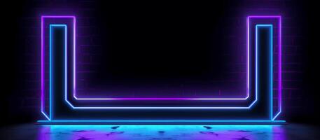 striking design features a unique combination of blue and purple neon lights against a black background, with reflective concrete adding a touch of texture and depth photo