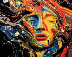 art of a lady with colorful liquid paint on her face, distorted and fractured, light black and navy photo