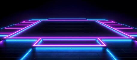 striking design features a unique combination of blue and purple neon lights against a black background, with reflective concrete adding a touch of texture and depth photo