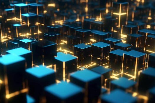 digitally animated background lighted blocks and lights, intertwined networks, gold and azure, spatial concept art, RTX on photo