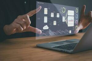 Digital information technology concept. Businessman touching artificial intelligence icon. Chatbot and AI concept. photo