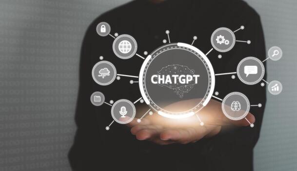 Chatbot name ChatGPT. Digital information technology concept. Businessman typing  the laptop asking AI by using conversation. artificial intelligence. photo