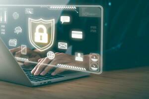 Data Security system concept, Business man use laptop with security icon screen, innovation technology, cloud computing, internet network communication photo