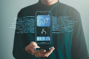 Man touching smart home interface. smart home automation and Internet of Things, IOT,  technology concept. photo