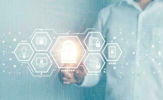 Data Security system concept, Business man touch security icon, innovation technology, cloud computing, internet network communication photo