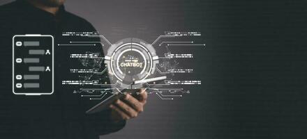 Digital information technology concept. Businessman touching artificial intelligence icon. Chatbot and AI concept. photo
