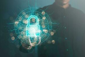 Data Security system concept, Business man use laptop with security icon screen, innovation technology, cloud computing, internet network communication photo