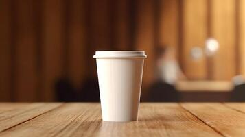 blanco papel café taza en el de madera mesa en el habitación, calentar tono, Bosquejo, generativo ai foto