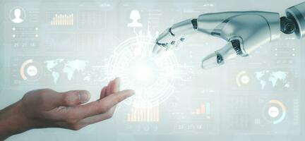 Digital information technology concept. Businessman and artificial intelligence icon on the screen. Chatbot and AI concept. photo