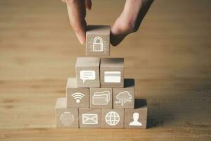 Data Security system concept, wooden blocks of security icon, innovation technology, cloud computing, internet network communication photo