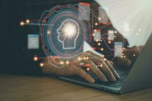 Business man use digital screen of AI icon artificial intelligence. Machine learning concept, big data, science, innovation technology, cloud computing, futuristic, internet network communication photo