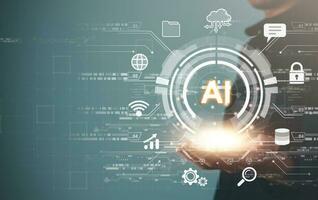 Digital information technology concept. Businessman touching artificial intelligence icon. Chatbot and AI concept. photo