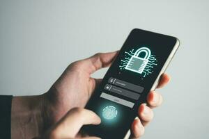 Data Security system concept, Business man use laptop with security icon screen, innovation technology, cloud computing, internet network communication photo