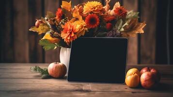 Tablet mockup place on the wooden table with flower autumn leaves background, warm tone color, photo