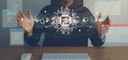 Business man holding digital screen of AI icon artificial intelligence. Machine learning concept, big data, science, innovation technology, cloud computing, futuristic, internet network communication photo