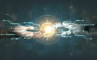 Robot hand touch businessman hand, artificial intelligence concept. big data, science, innovation technology, cloud computing, futuristic, internet network communication photo