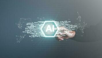 Digital information technology concept. Businessman touching artificial intelligence icon. Chatbot and AI concept. photo