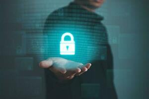 Data Security system concept, Business man touch  security icon screen, innovation technology, cloud computing, internet network communication photo