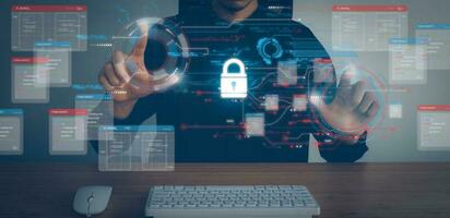 Data Security system concept, Business man use digital screen with security icon screen, innovation technology, cloud computing, internet network communication photo