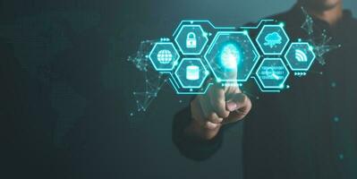 Data Security system concept, Business man touch  security icon screen, innovation technology, cloud computing, internet network communication photo