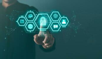 Data Security system concept, Business man use laptop with security icon screen, innovation technology, cloud computing, internet network communication photo