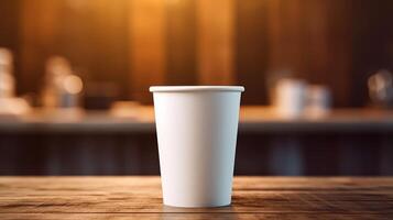 White paper coffee cup on the wooden table in the room, warm tone, mockup, photo