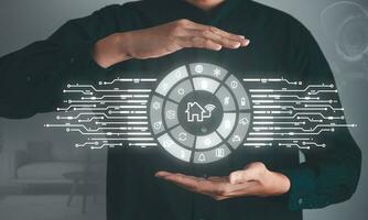 Man touching smart home interface. smart home automation and Internet of Things, IOT,  technology concept. photo