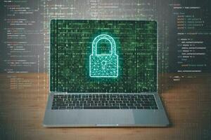 Data Security system concept, Business man use laptop with security icon screen, innovation technology, cloud computing, internet network communication photo