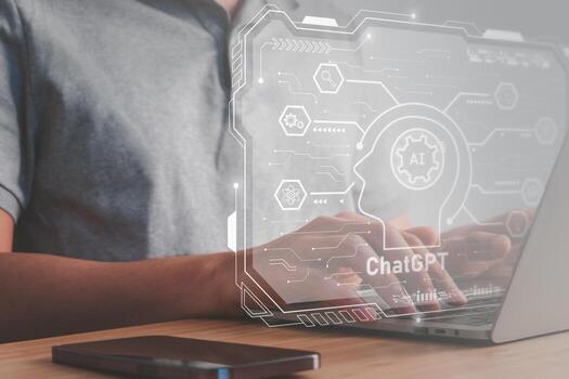 Chatbot name ChatGPT. Digital information technology concept. Businessman typing  the laptop asking AI by using conversation. artificial intelligence. photo