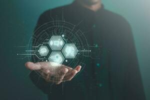 Digital information technology concept. Businessman touching artificial intelligence icon. Chatbot and AI concept. photo