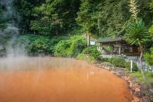 Beppu,Oita,Kyushu,Japan - October 15, 2018  Chinoike Jigoku, natural hot spring, the blood pond hell, Red water and hot photo